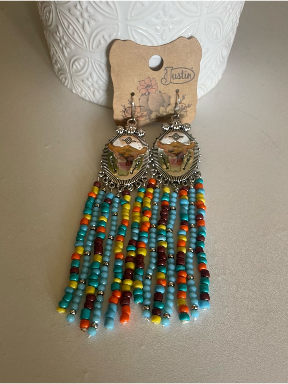 Justin Boots Turquoise, Yellow & Red Beaded Fringe Earrings